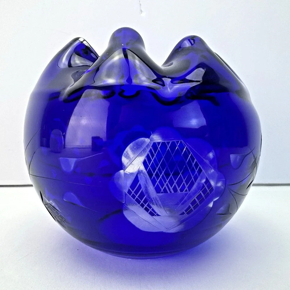 Cobalt Blue Rose‎ Bowl Dish Cut to Clear Crystal Ruffle Pinched Vase